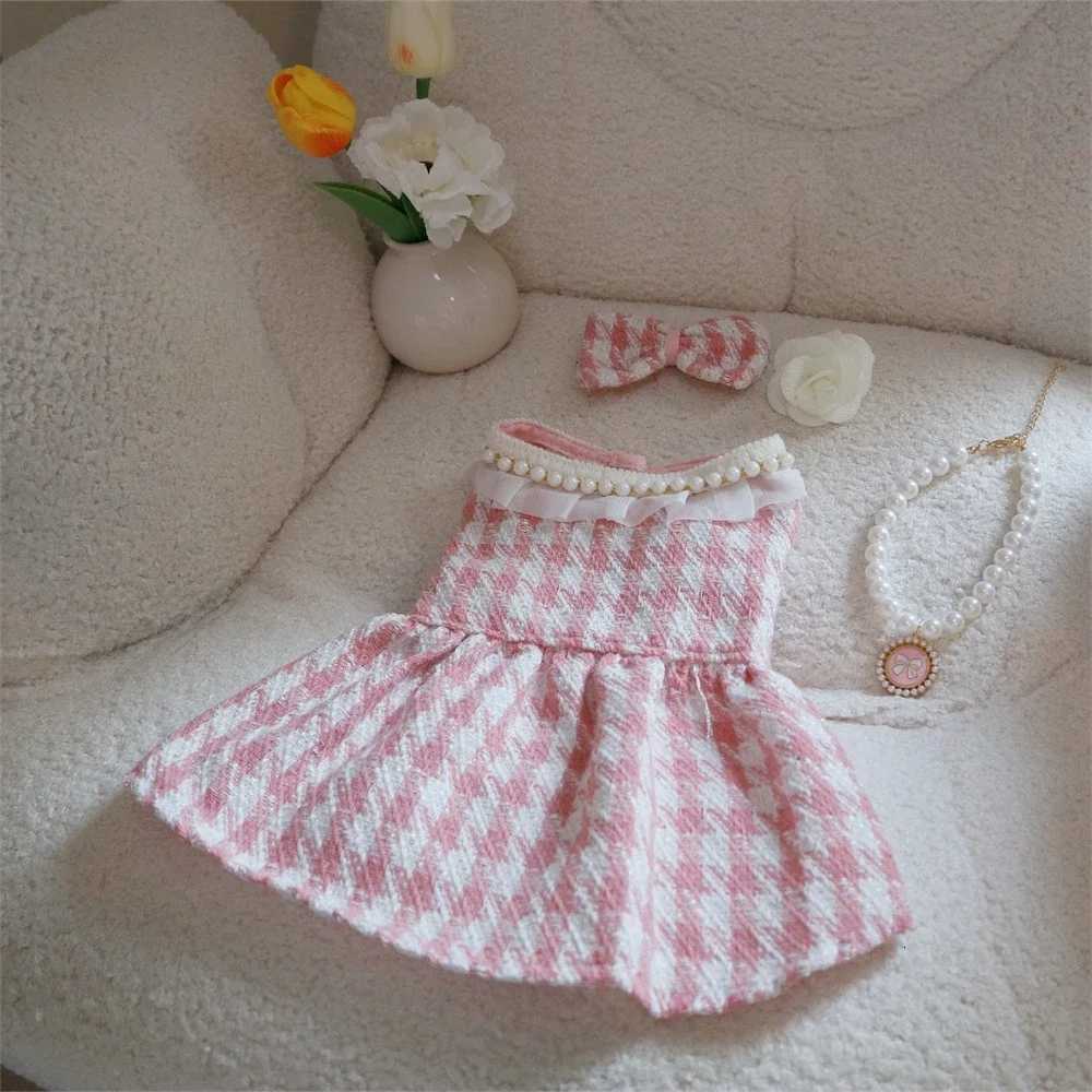 Puppy Plaid Wool Dress Pearl Neck Sweater Teddy Bears Medium Small Dog Cardigan Autumn Winter Pet Apparel Dog Clothes M251208