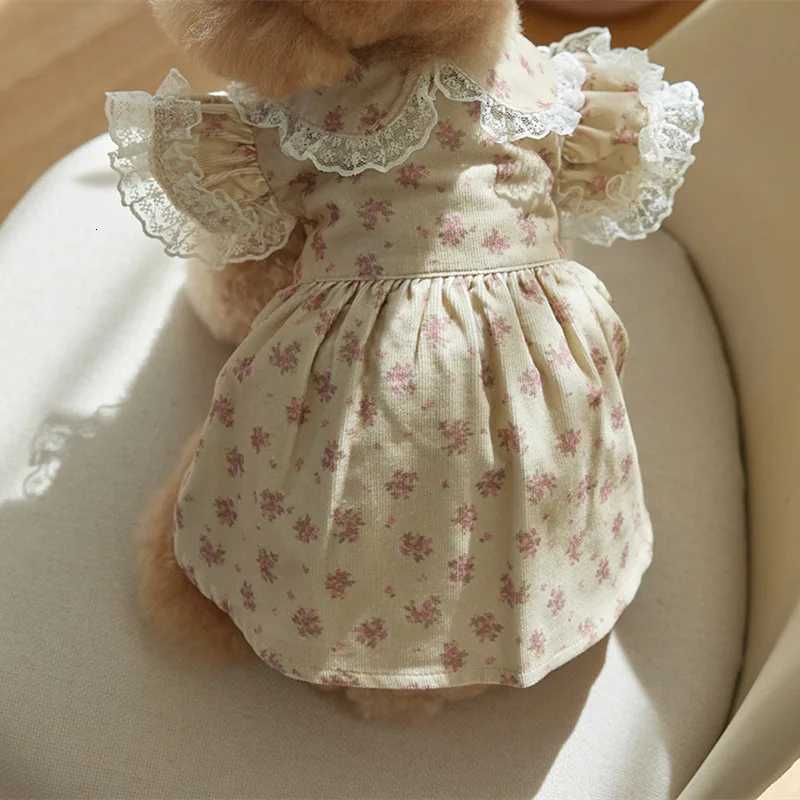 Pet Spring Floral Shirt Skirt Cat Autumn Corduroy Printed Dress Teddy Collar Lace Top Puppy Clothes Dog Dresses for Small Dogs M251208
