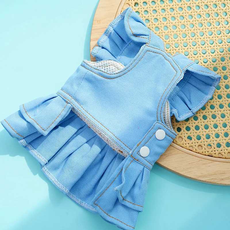 Denim Cat Dog Dress Harness With Leash Pink Yellow Blue Girls Harness Strap Skirt Outside Walking Puppy Jeans Clothing Chihuahua M251208