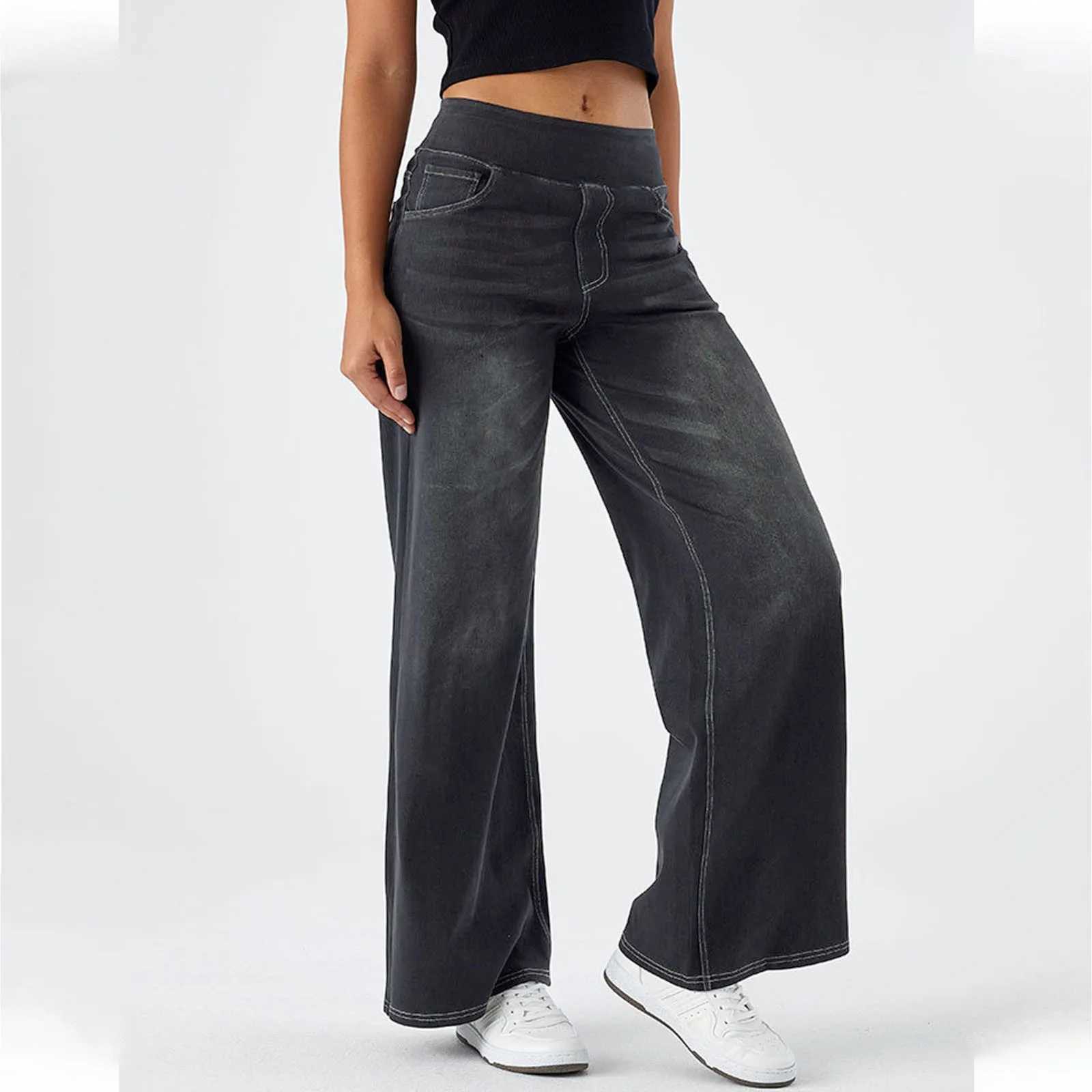 Fashion Baggy Jeans For Women Bleached Vintage High Waist Wide Leg Denim Pants With Pockets Boyfriend Stretchy Palazzo PantsT251208