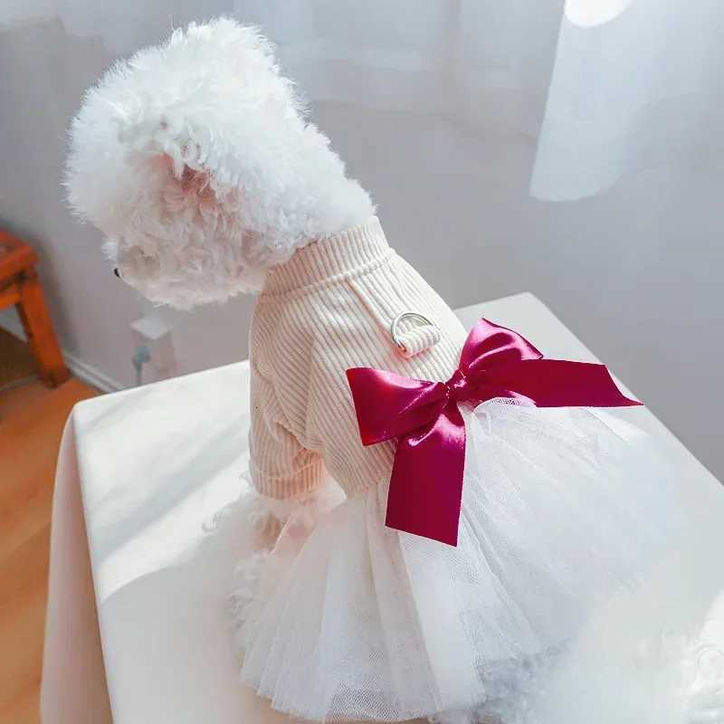 1PC Beige Chest Back Gauze Skirt Pet Clothes Dog Cat Anti-hair Loss Beige Princess Style Dress Red Bow Traction M251208