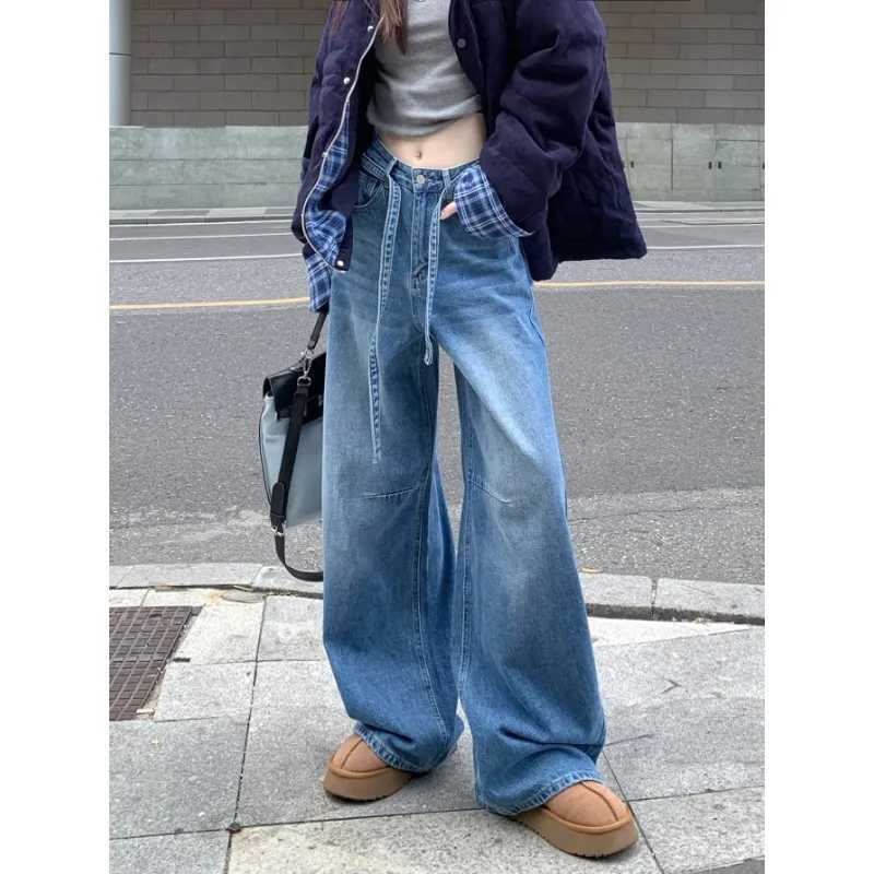 American Retro Blue Wash Wide-leg Jeans for Women in Winter New Niche Straps Loose Straight Pants Floor PantsT251208