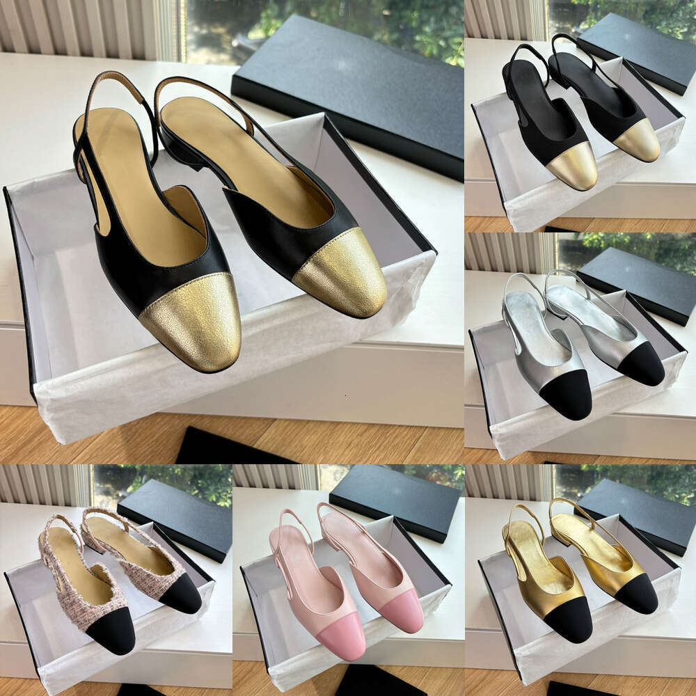 Luxury double C-buttons designer shoe woman top quality Classic genuine leather Tweed round toes slingbacks Flat heels sandal Dress vacation Walking office shoes