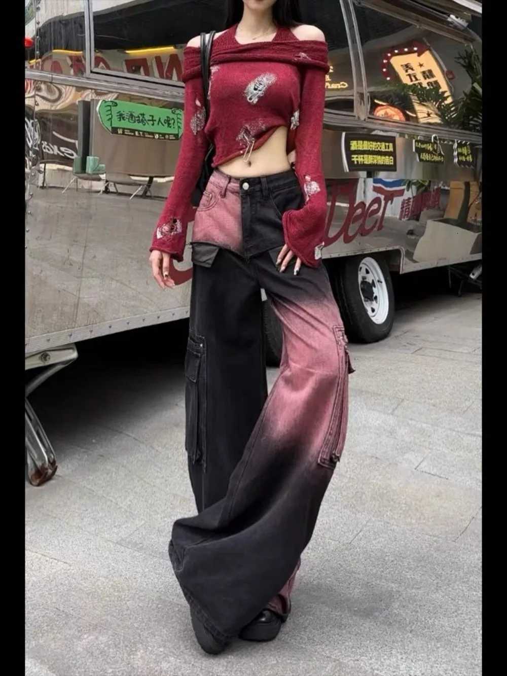 Plus Size Gradient Utility Jeans 2025 Dropped Waist Cargo Pants Venusian Silhouette Aesthetic Wide Leg Summer TrousersT251208