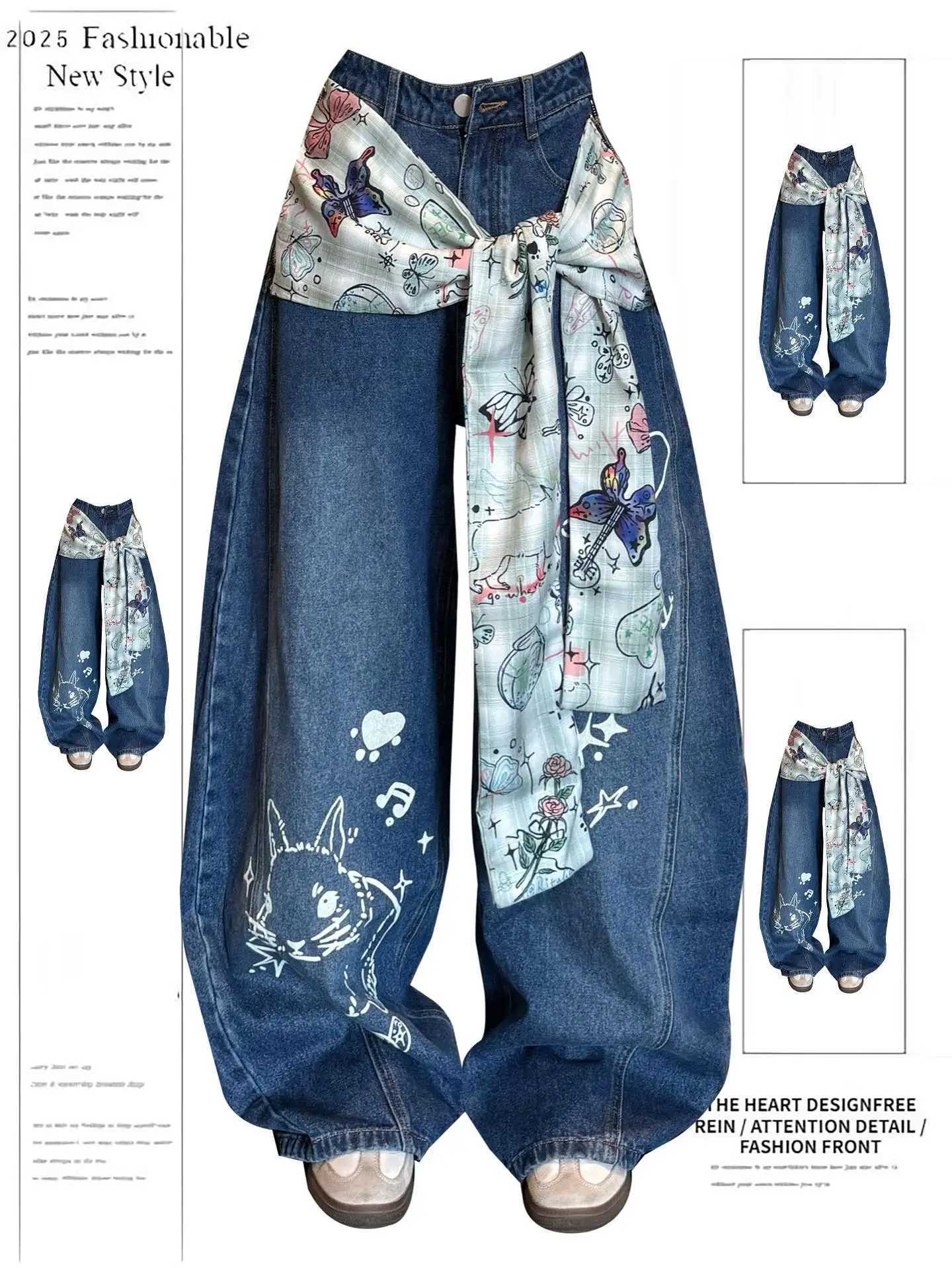 2025 Fashion Y2K Baggy Pants Womens Cartoon Embroidery Loose Wide Leg Jeans Streetwear Aesthetic Casual TrousersT251208