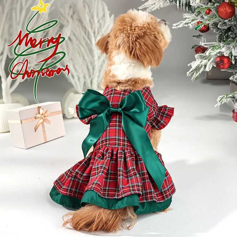 Small/Medium Christmas Plaid Dog Dress with Big Bow Warm Velvet S-XL Holiday Pet Outfit for Dogs M251208
