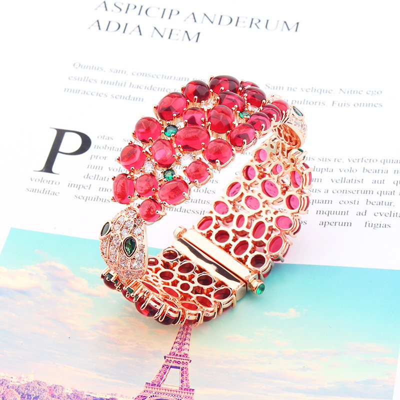 Exaggerated Double-Headed Snake Bracelet Full Inlaid With Imitation Ruby Pomegranate Style Bracelet Necklace For Women Socialite Domineering Jewelry 2