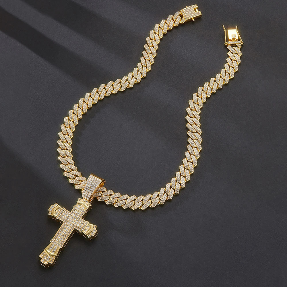 Men Women Shiny Cross Pendant Necklace With Miami Cuban Chain Link Hip Hop Iced Out Bling Fashion Exquisite Charm Jewelry Gift 251204