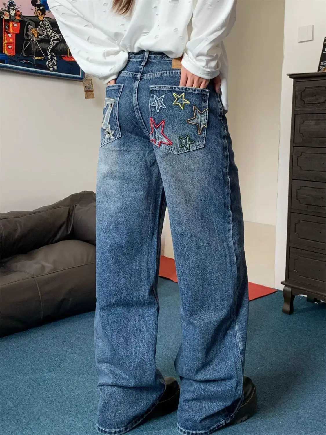 Y2K Embroidered Digital Star Jeans Women Colorful Patchwork Washed Light Blue Baggy Pants American Streetwear Wide Leg TrousersT251208