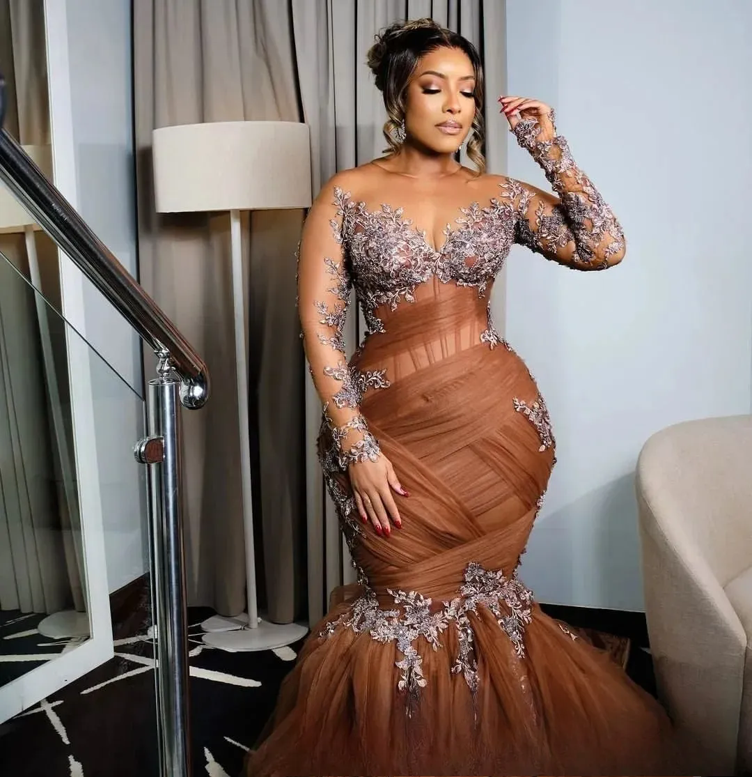 2026 Plus Size Chocolate Illusion Mermaid Prom Dresses For Special Occasions Lace Tulle Evening Party Birthday Gowns Dress For Women