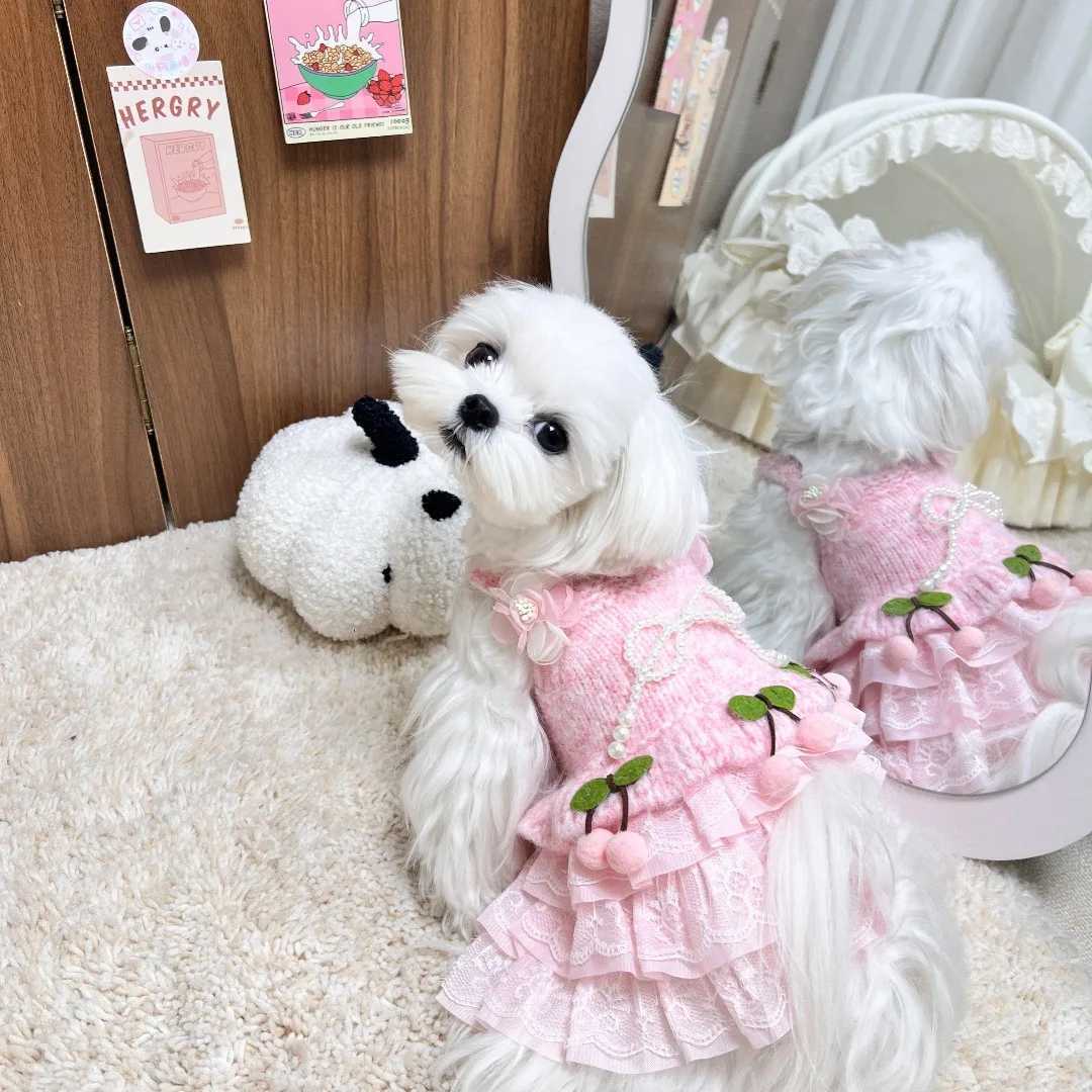 Pet Autumn/Winter Knitted Cherry Dress Princess Dress Dog Cat Sweater Schnauzer Teddy Autumn/Winter Tank Top Puppy Clothes M251208