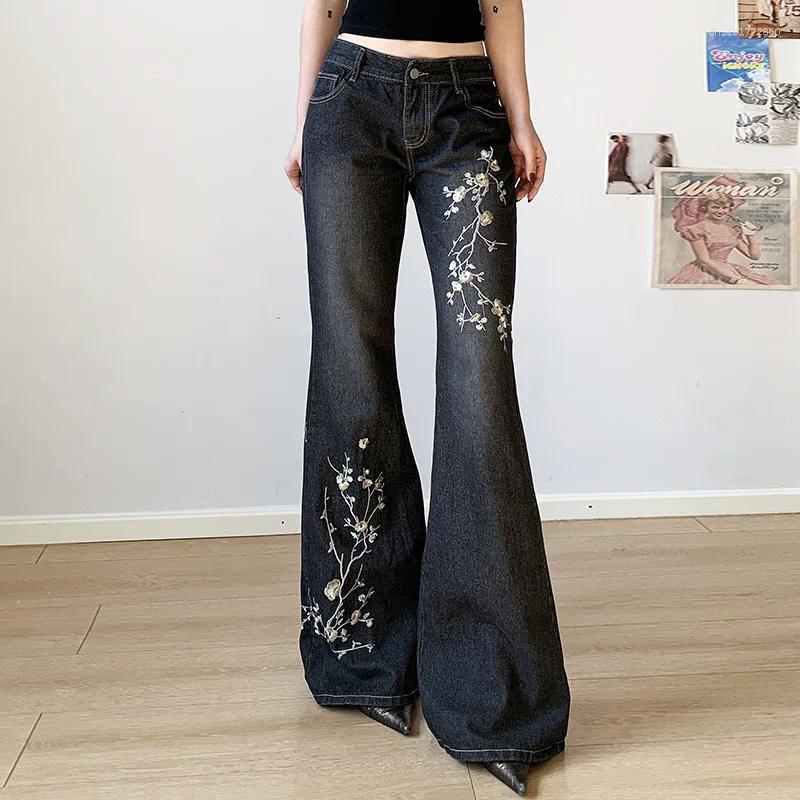Floral Embroidery Jeans Vintage Low Rise Flared Jeans Women Retro Y2k Baggy Denim Pants High Street Basic Long Trousers