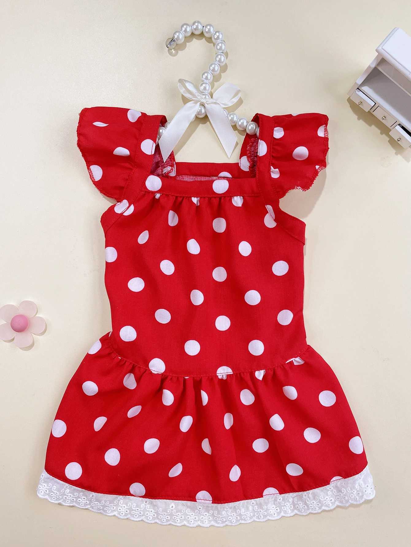 239Red French Polka Dot Romantic Short-Sleeved Lace Trim Dress M251208