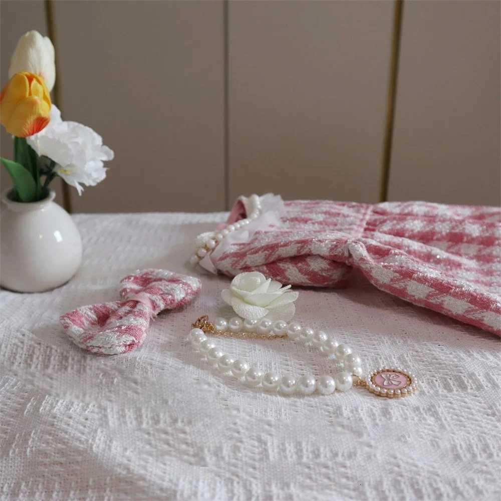 Puppy Plaid Wool Dress Pearl Neck Sweater Teddy Bears Medium Small Dog Cardigan Autumn Winter Pet Apparel Dog Clothes M251208