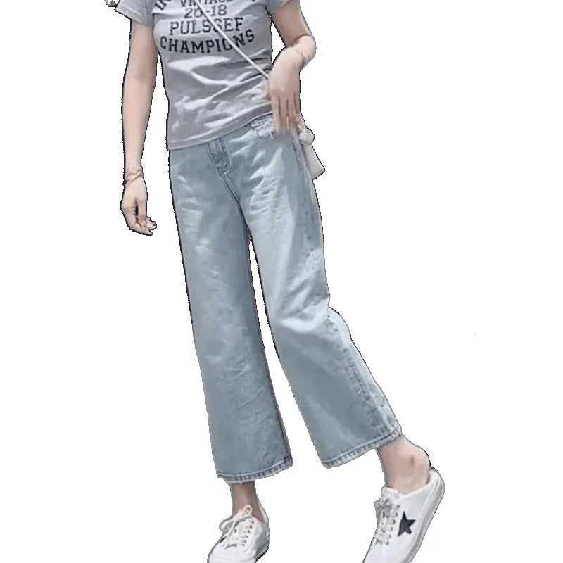 Blue Womens Jeans Spring Autumn Thin High Waist Flattering for Pear Shaped Body Short Legged Straight Nine Point Wide Leg PantsT251208
