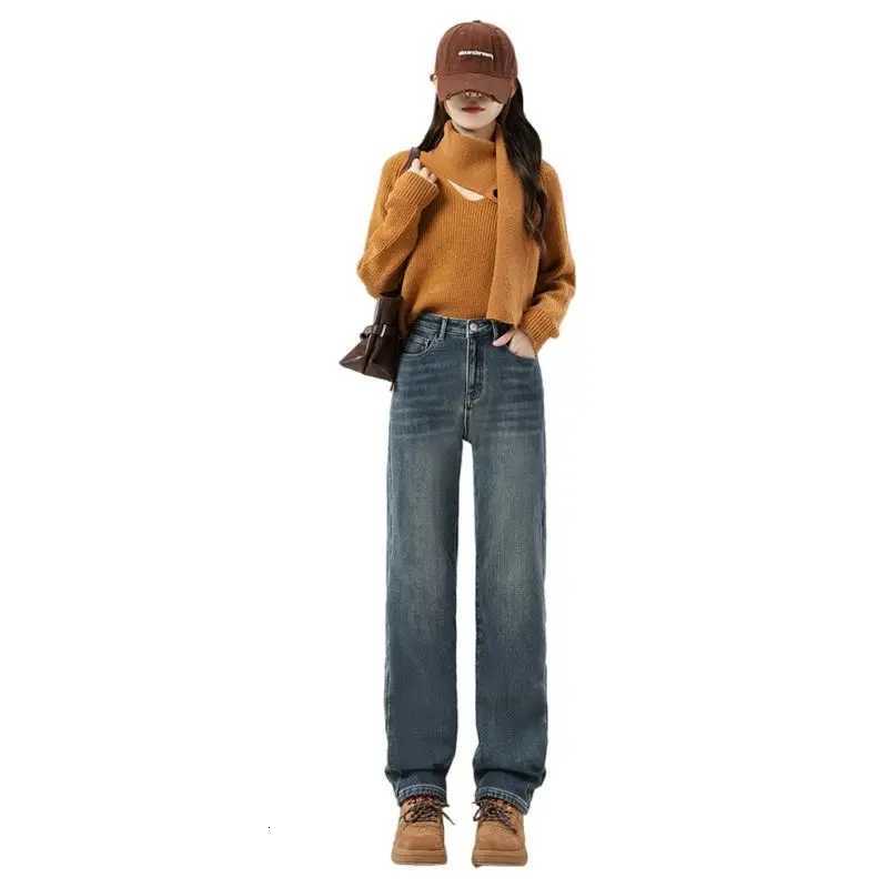 Women Baggy Pants Winter Fashion Korean Edition New Style Versatile High Waist Straight Leg Thicken Fleece Wide Leg Soft JeansT251208