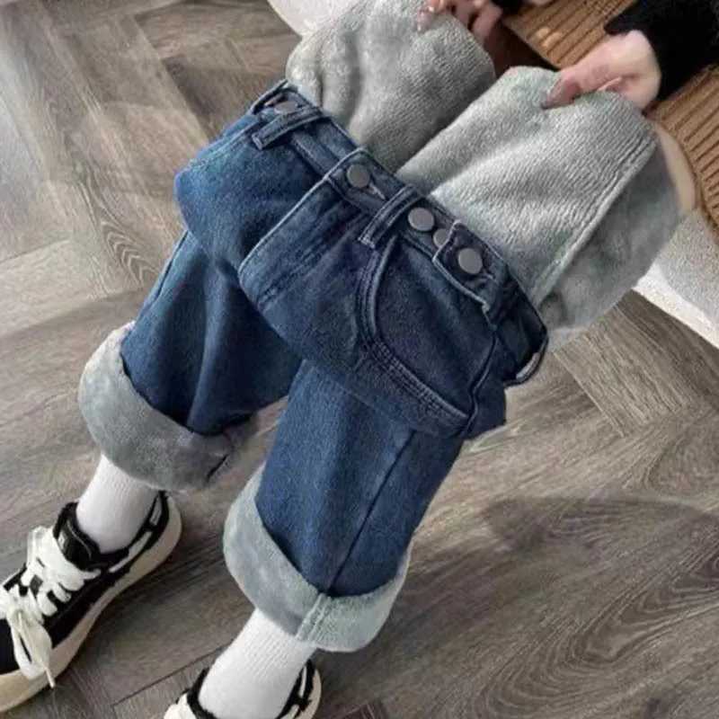 Womens Plush Thickened Warm Wide Leg Jeans Adjust Waist Slimming Draped Retro Fleece Lined Straight Denim PantsT251208