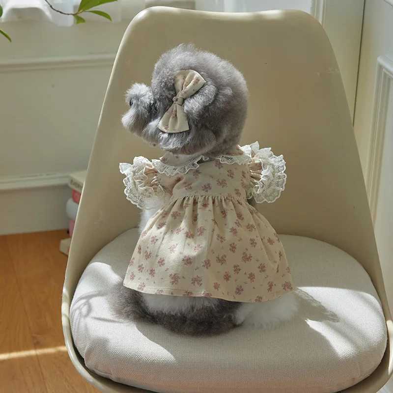 Pet Spring Floral Shirt Skirt Cat Autumn Corduroy Printed Dress Teddy Collar Lace Top Puppy Clothes Dog Dresses for Small Dogs M251208