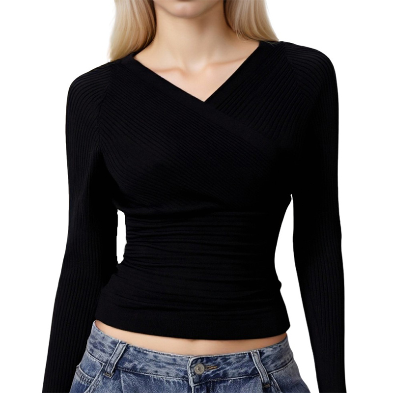 Women's Blouses Women's Ribbed Knit Cross V-Neck Long Sleeve Crop Top - Black Fitted Slim Shirt 8185770