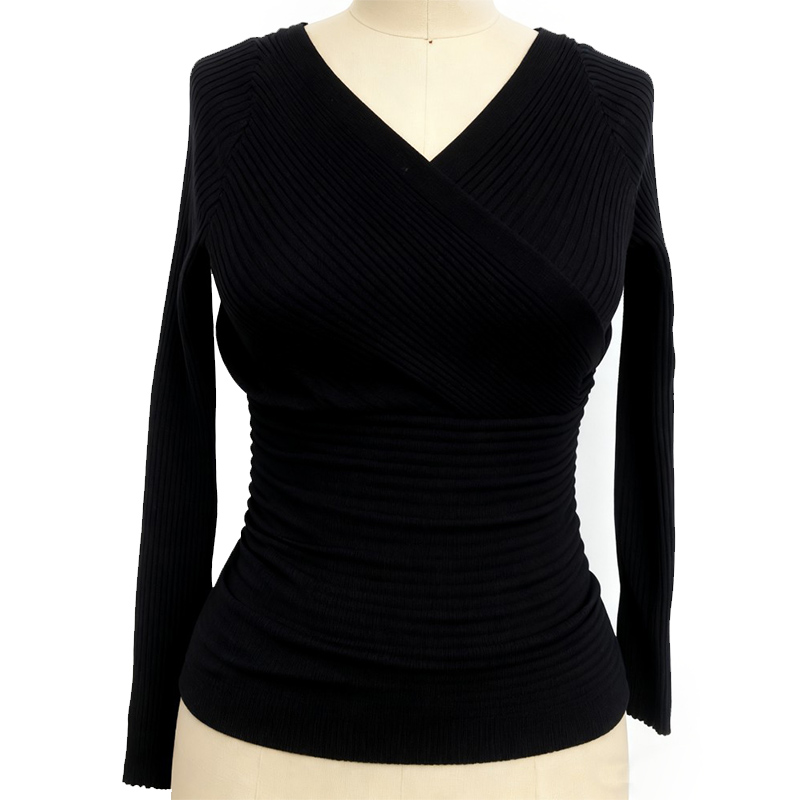 Women's Blouses Women's Ribbed Knit Cross V-Neck Long Sleeve Crop Top - Black Fitted Slim Shirt 8185770