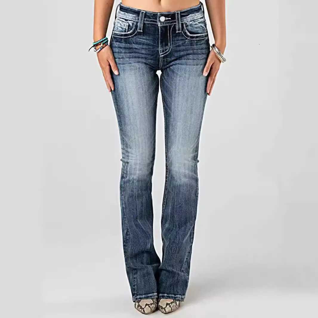 Women Embroidery Pockets Distressed Jeans Mid Waist Stretch Slim Fit Pants Vintage Denim Trousers Autumn Female StreetwearT251208