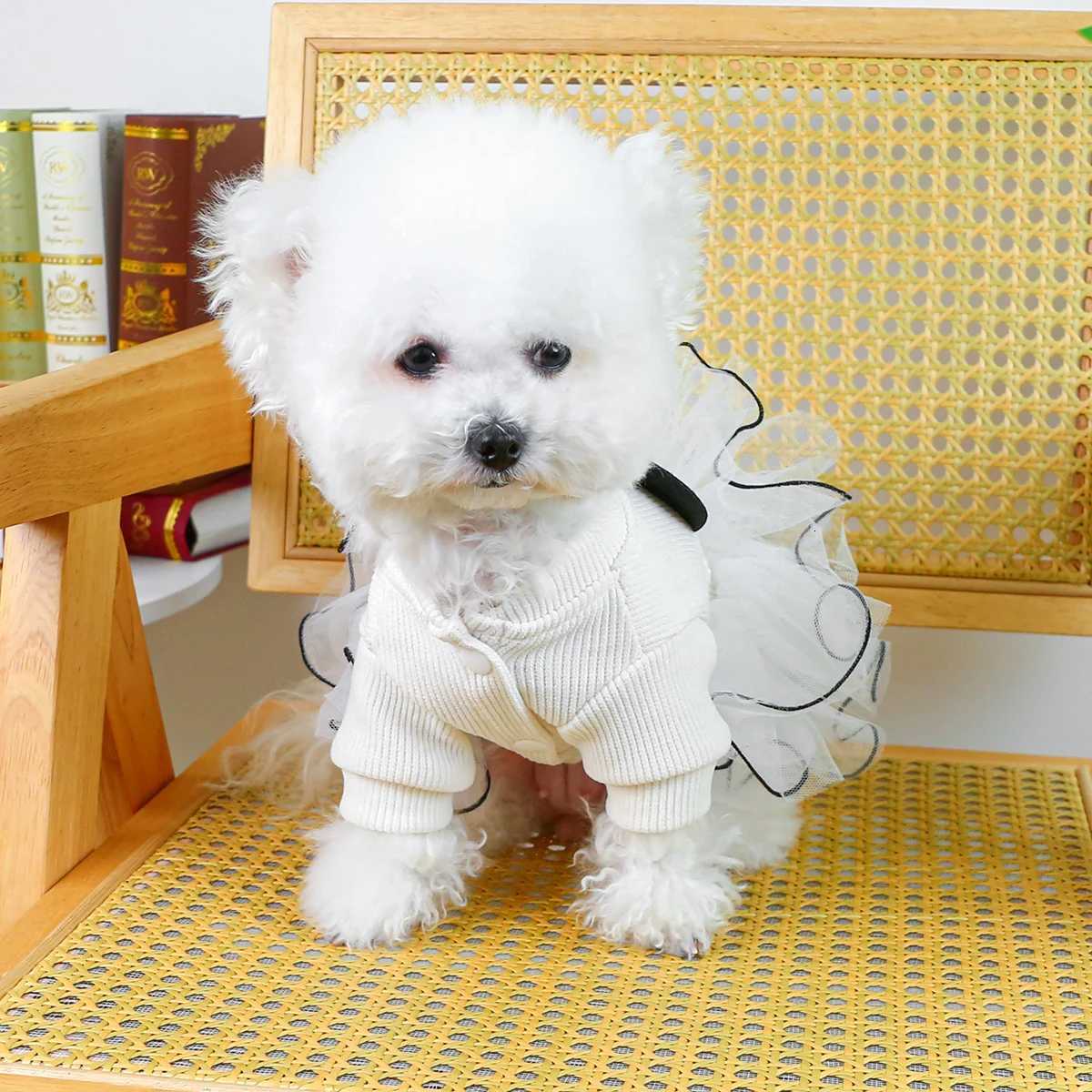Beige Mesh Skirt Open Button Dog Clothes Can Pull Pet Cat High Sense Wedding Dress Princess Style M251208
