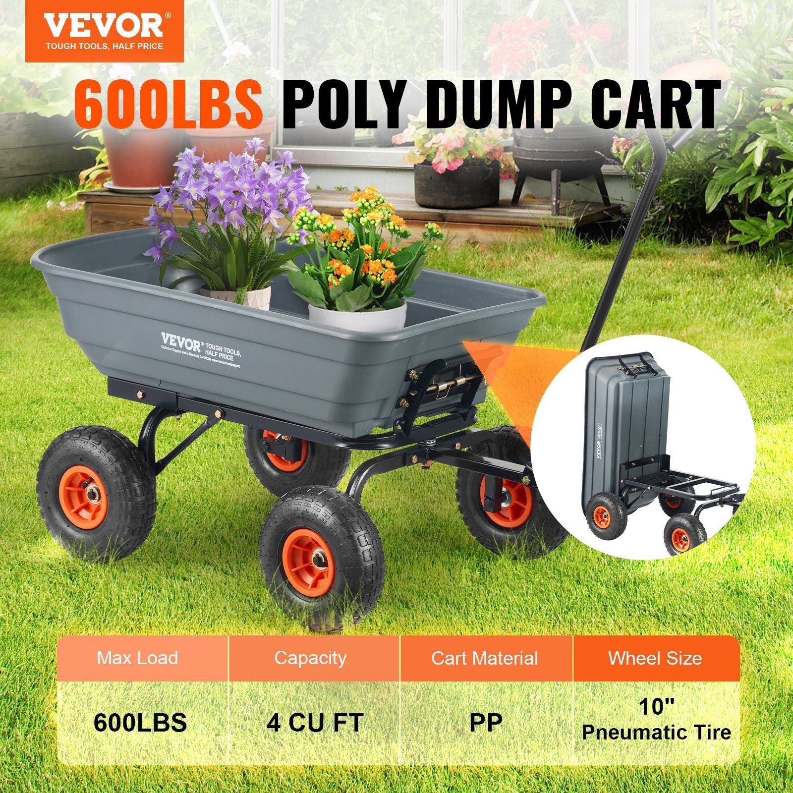 Dump Cart, Poly Garden Dump Cart with Easy to Assemble Steel Frame, Dump Wagon with 2-in-1 Convertible Handle, Utility Wheelbarrow 600 lbs Capacity, 1