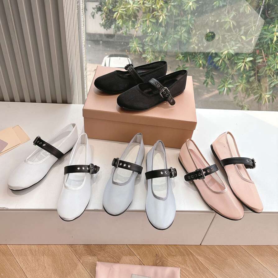 High quality Round-toed Mesh Ballet Mary Jane with strap loafer for womens mesh buckle flats Dress Luxury ballet flat designer shoe woman Flat Walking Vacation shoes