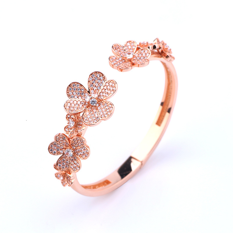 Fashion Full Zircon Three-Leaf Flower Bracelet Fresh Open Ring Set For Women Light Luxury Elegant Jewelry 79