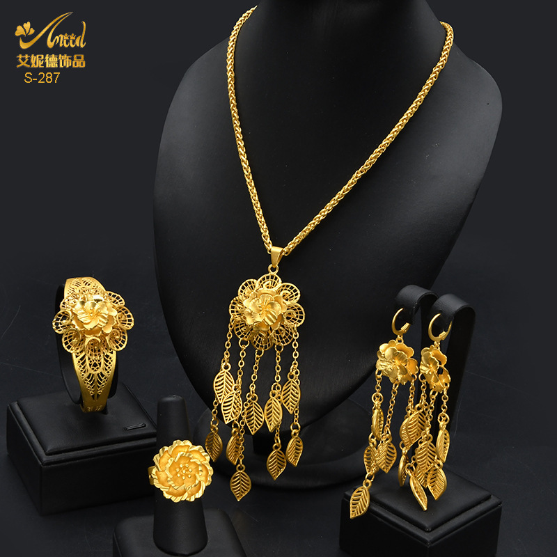 ANIID Dubai Gold Plated Jewelry Set For Women Flower With Tassel Big Nigerian Indian Bridal Necklaces Earrings Rings Sets 251114