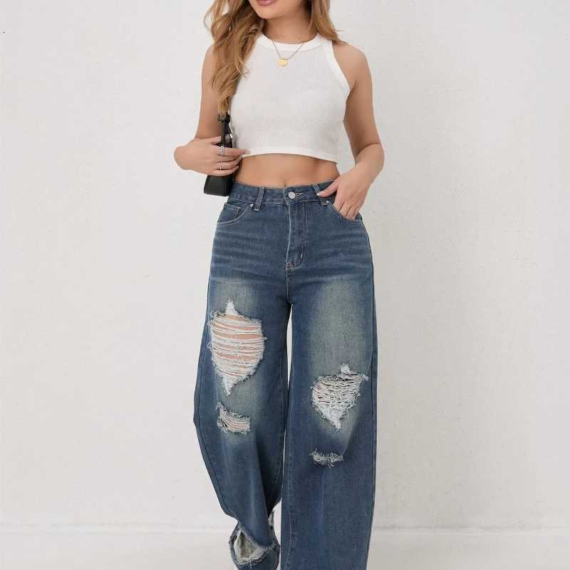 Autumn and Winter Trendy High-waisted Ripped Loose Wide-leg Straight-leg Jeans for Women Casual Fashionable and VersatileT251208