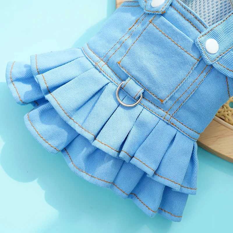Denim Cat Dog Dress Harness With Leash Pink Yellow Blue Girls Harness Strap Skirt Outside Walking Puppy Jeans Clothing Chihuahua M251208