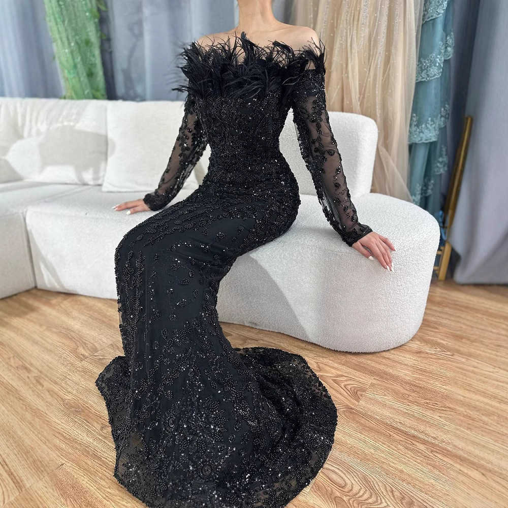 Black one-shoulder feather fish tail evening dress, luxurious and elegant temperament for ladies' dinner party hostess gown. L251208