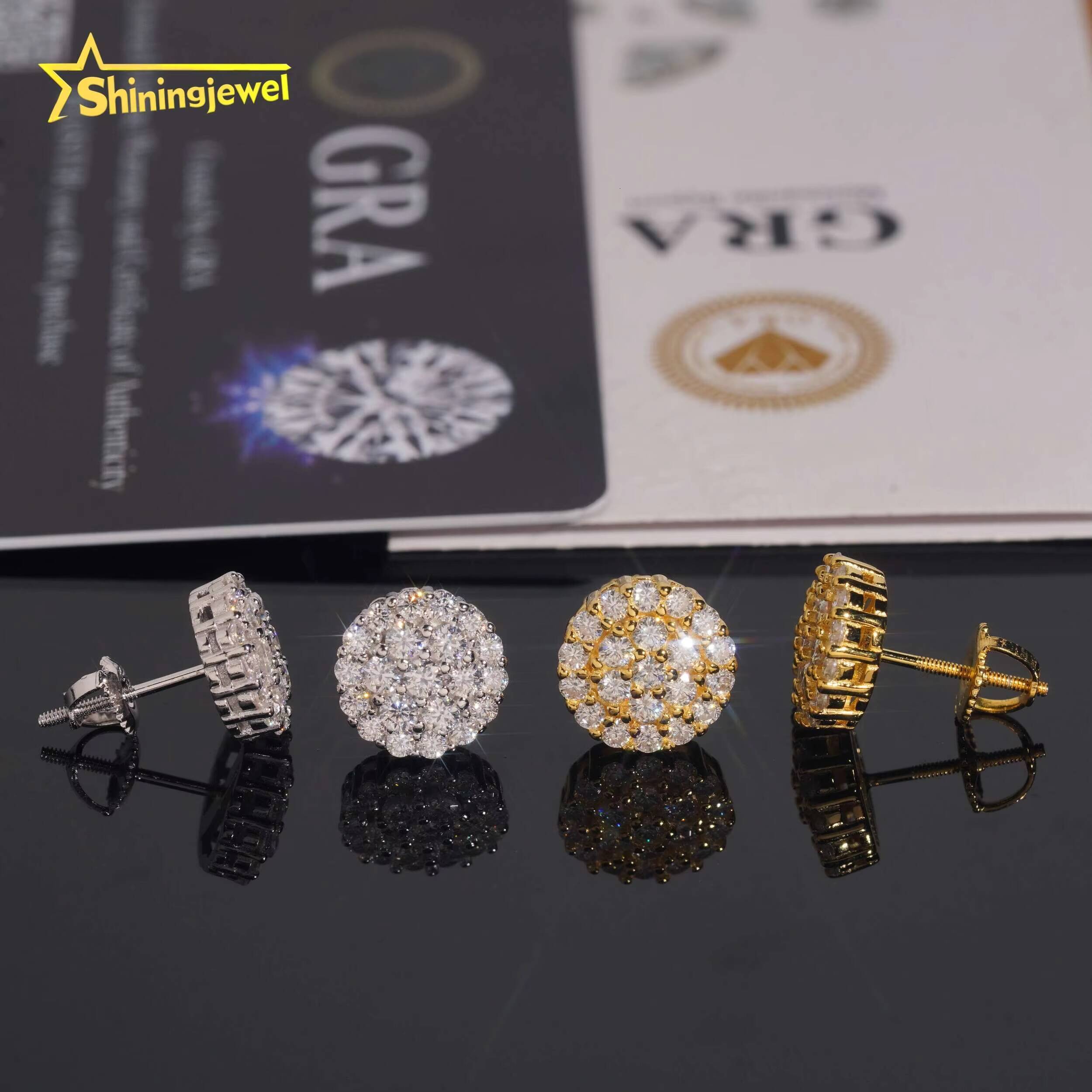 Pass Diamond Tester Round Diamond 925 Silver Cluster 105mm Iced Out VVS Moissanite Jewelry Hip Hop Stud Earrings USA Shipping