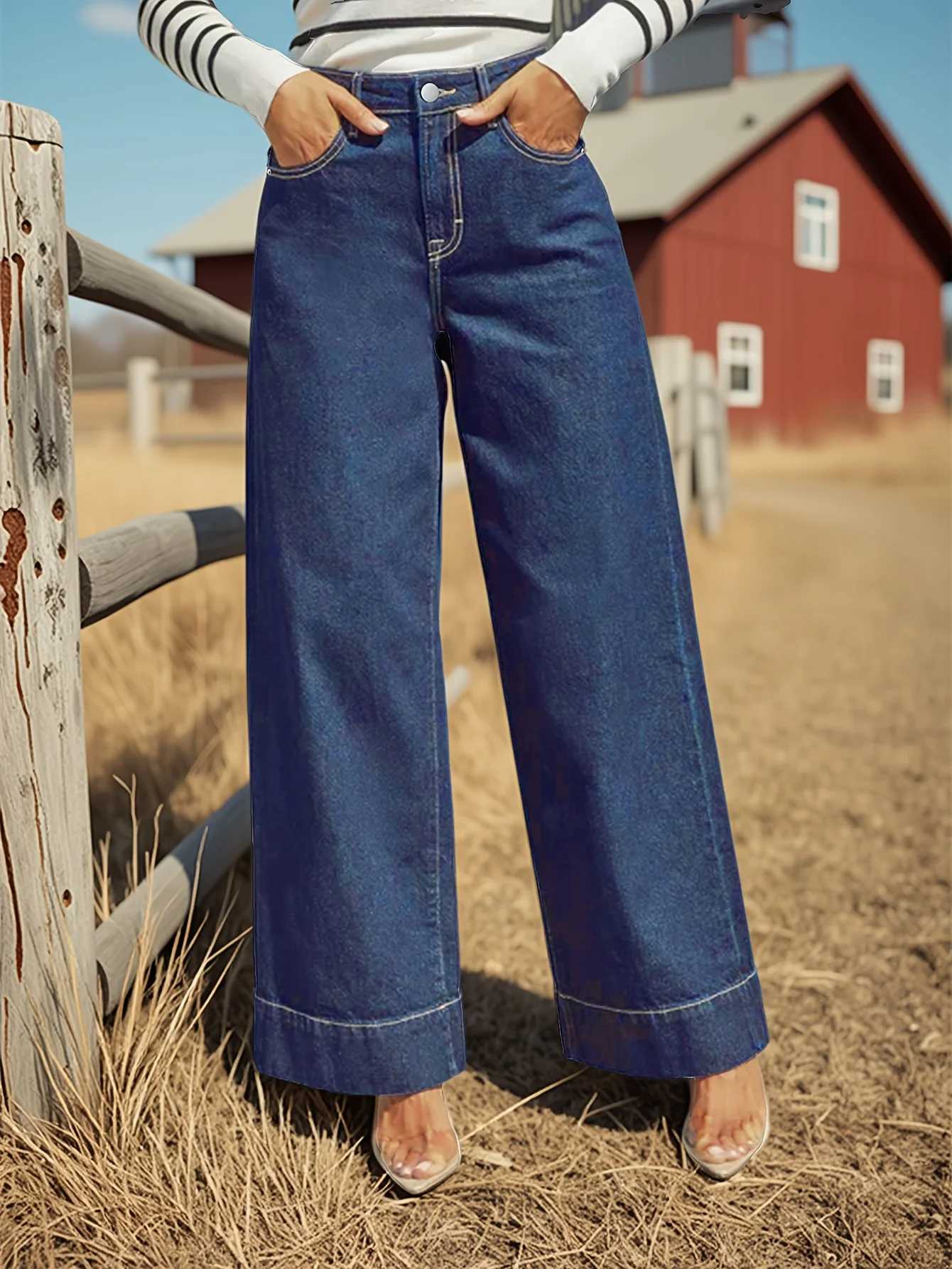 2025 New Womens High Rise Straight Jeans - Classic dark blue washed stretch jeans with button placket elegant and intellectualT251208