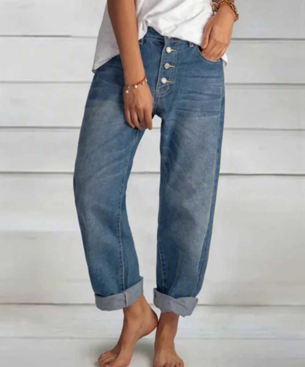 Jeans Straight Pants Women Denim Spliced Button Loose Pockets High Waist Wash Ankle Length 2024 Vintage Distressed BasicsT251208