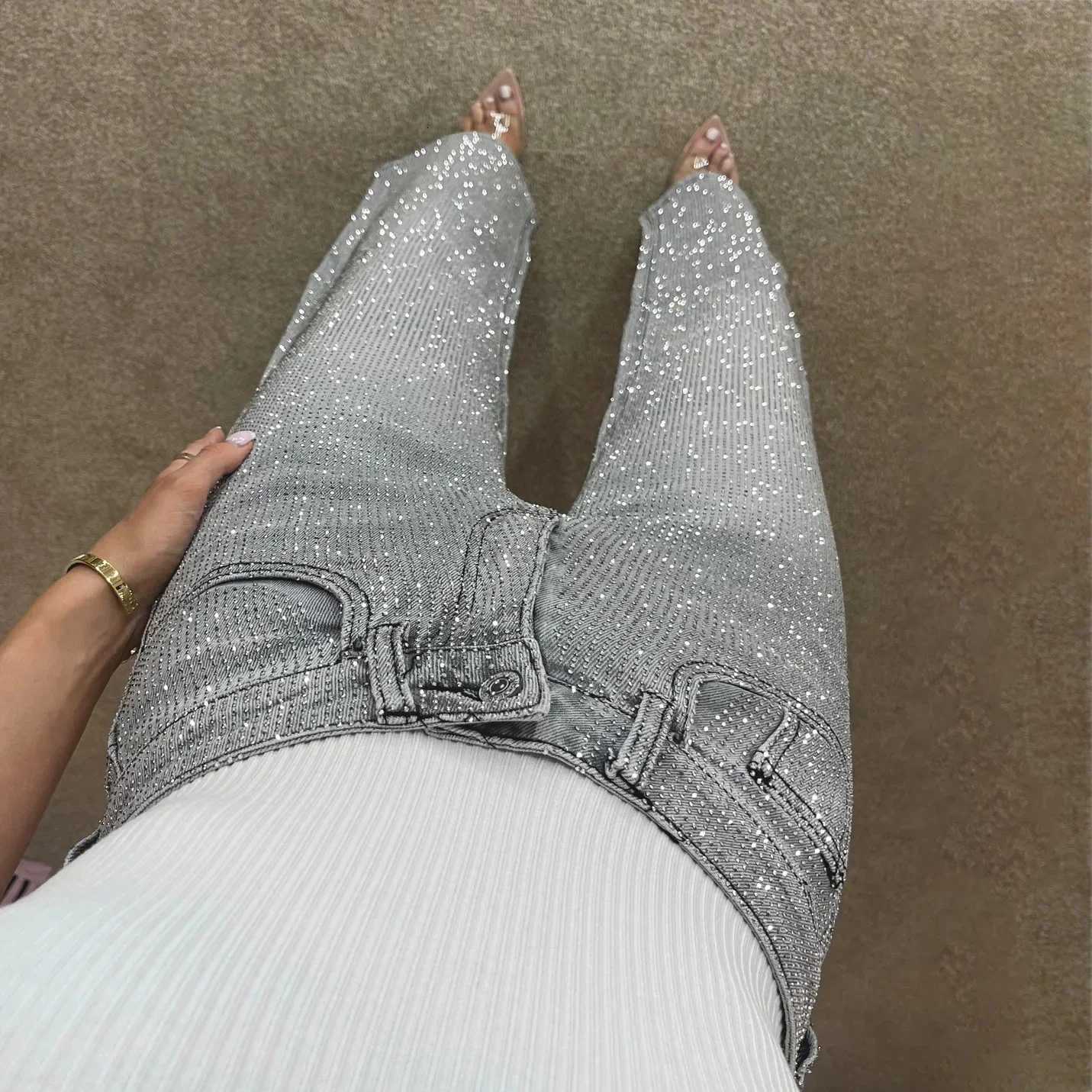 High Waist Rhinestone Jeans Women Straight Denim Pants Diamonds Vintage Ankle Length Loose Pockets Trousers Zipper TrousersT251208