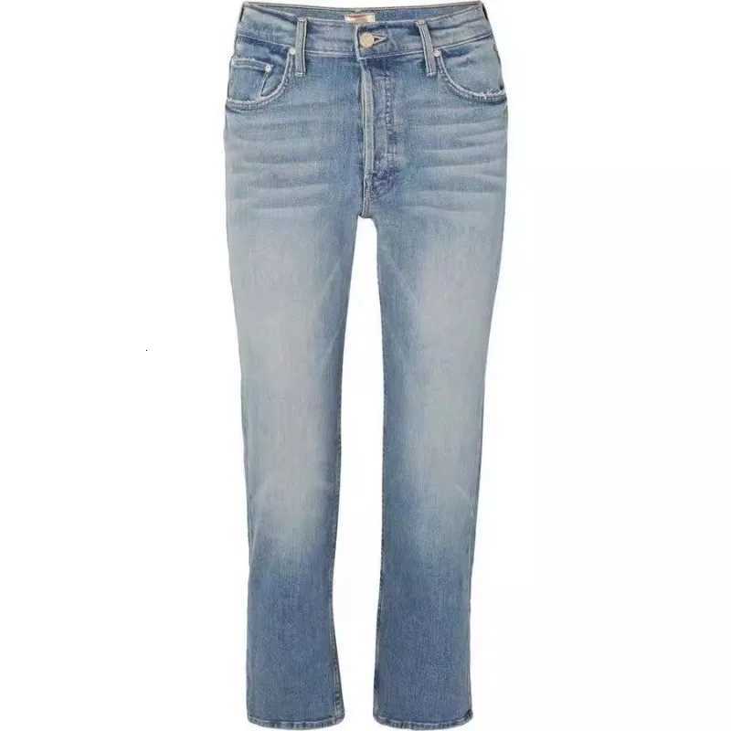 MO Light Blue Fringed Jeans Womens High Waisted Straight Leg Slimming Cropped Jeans Denim European and AmericanT251208