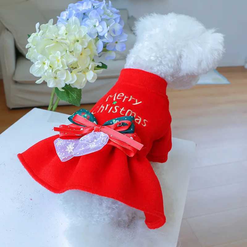 Christmas Dog Princess Dress Autumn Winter Warm Fleece Skirt Christmas Elements Bow Tie Dress Up Small Dog Cosplay Costume M251208