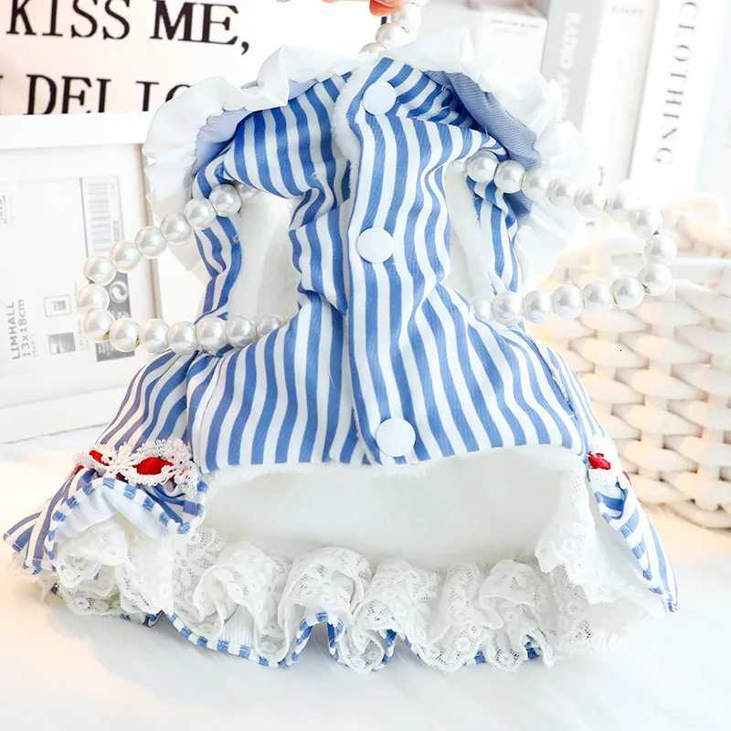 Pet Dog Winter Clothes Striped Princess Dress For Small Dogs Thickened Warm Cotton Fabric With Bowknot Decoration M251208