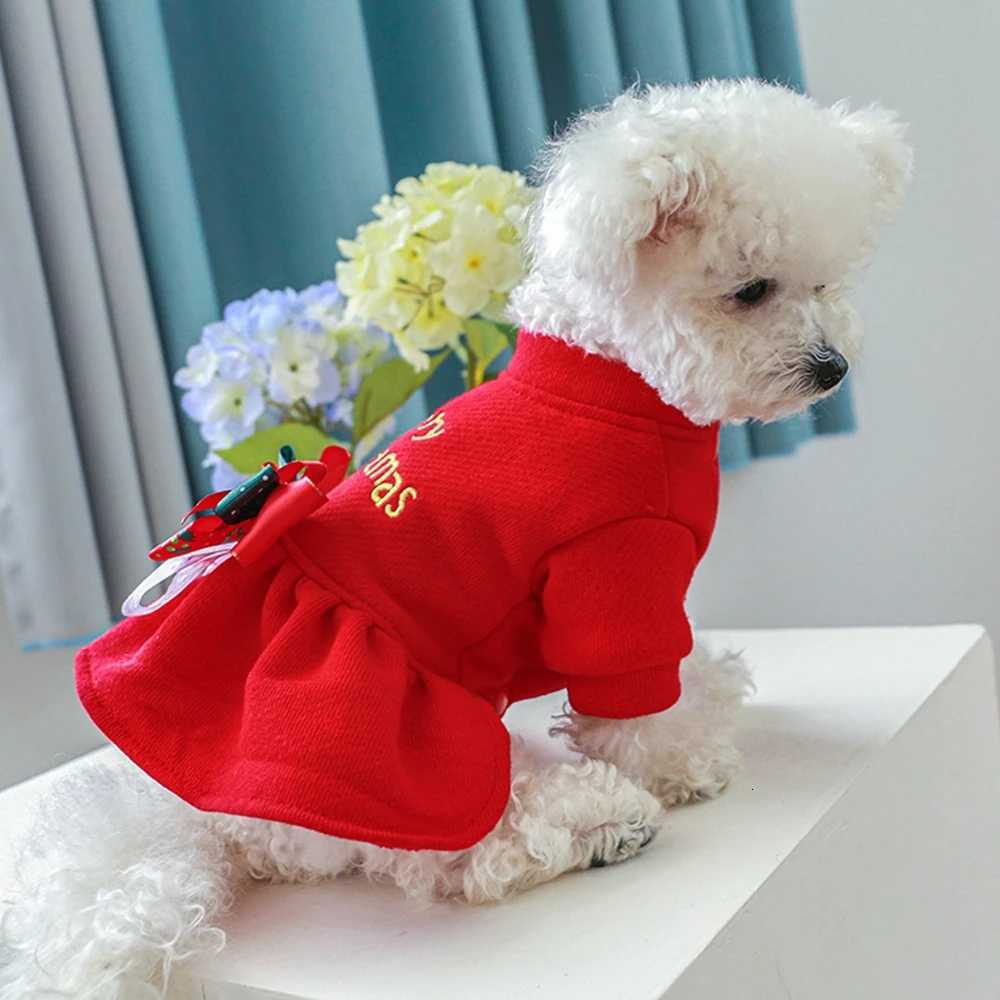 Christmas Dog Princess Dress Autumn Winter Warm Fleece Skirt Christmas Elements Bow Tie Dress Up Small Dog Cosplay Costume M251208