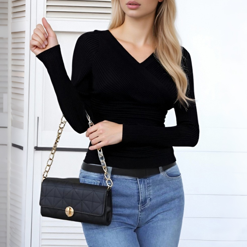 Women's Blouses Women's Ribbed Knit Cross V-Neck Long Sleeve Crop Top - Black Fitted Slim Shirt 8185770