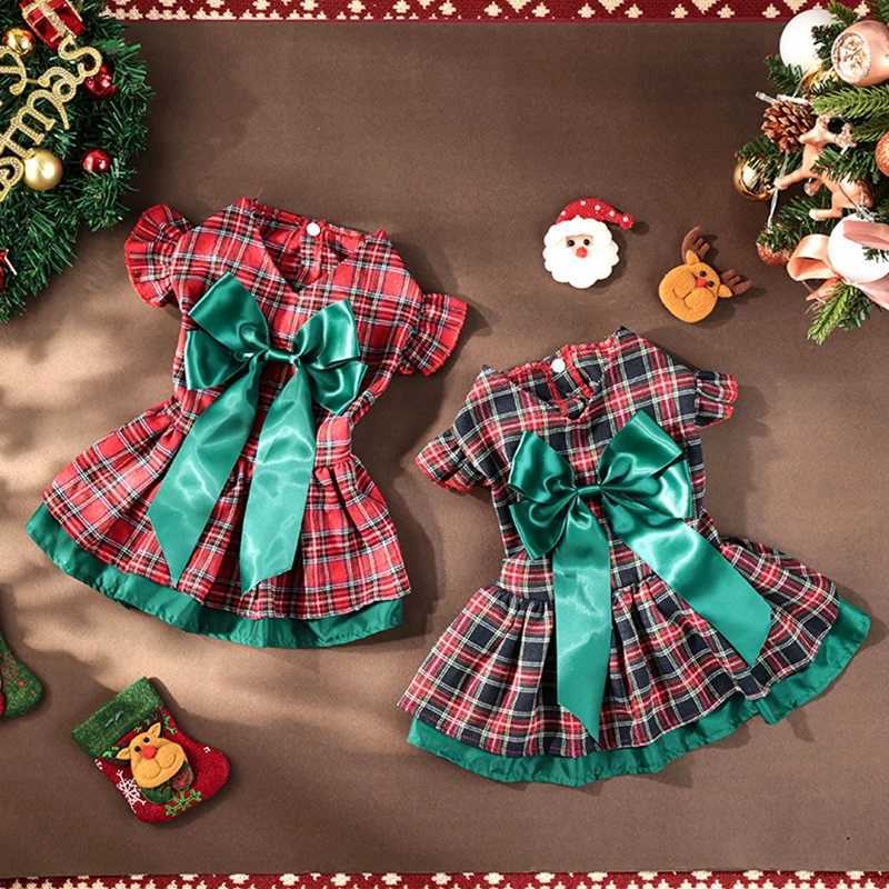 Pet Clothes Dog Christmas Classic Plaid Skirt Puppy Ruffle Sleeves Dresses Holiday Clothing M251208