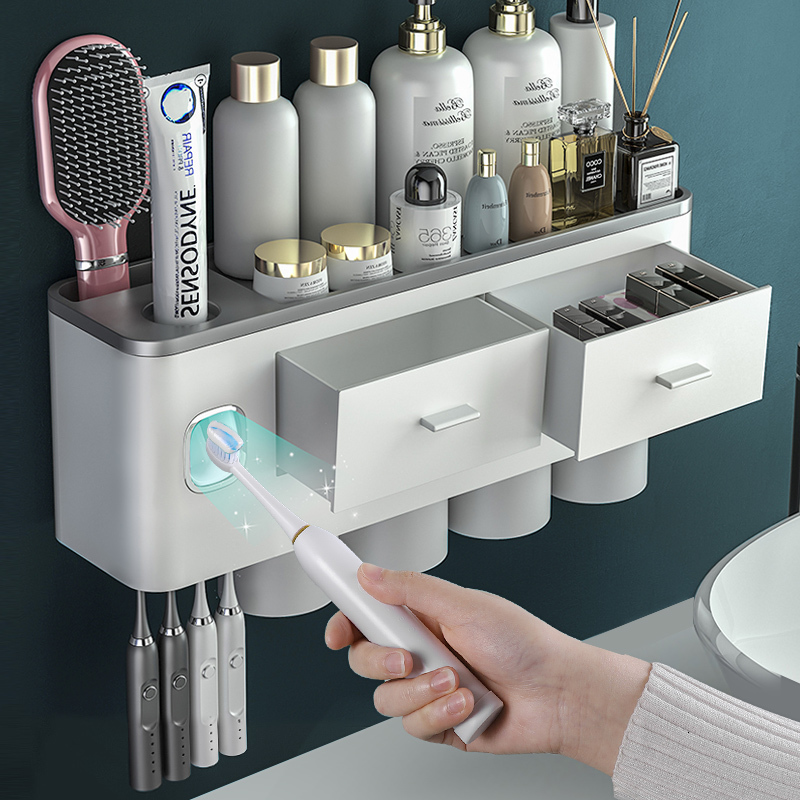 Toothbrush Holders for Bathrooms 4 Cups Toothbrush Holder Wall Mounted with Toothpaste Dispenser - Large Tray 2 Cosmetic Drawer 240913