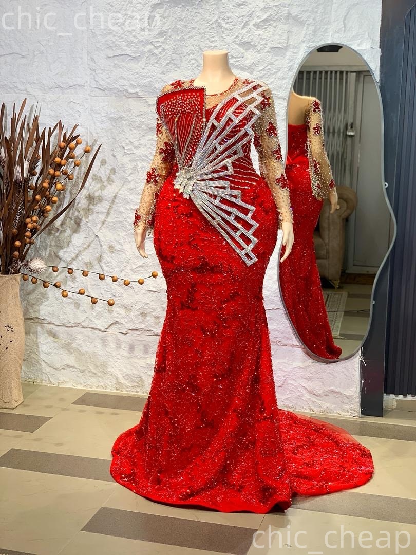 Aso Ebi Red Mermaid Prom Dresses 2026 Beaded Crystals Sequined Stylish Evening Formal Party Second Birthday Engagement Gowns Plus Size Dress For Speci