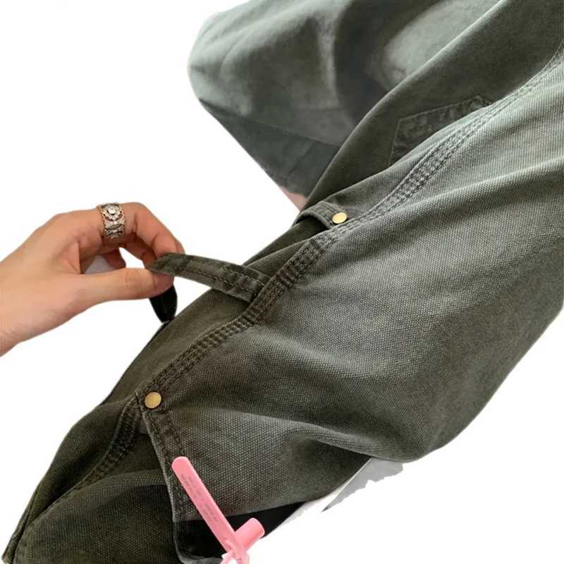 American Retro Army Green Cargo Jeans for Women 2025 Autumn Winter High Waist Slim Design Straight Wide Leg Floor Length PantsT251208