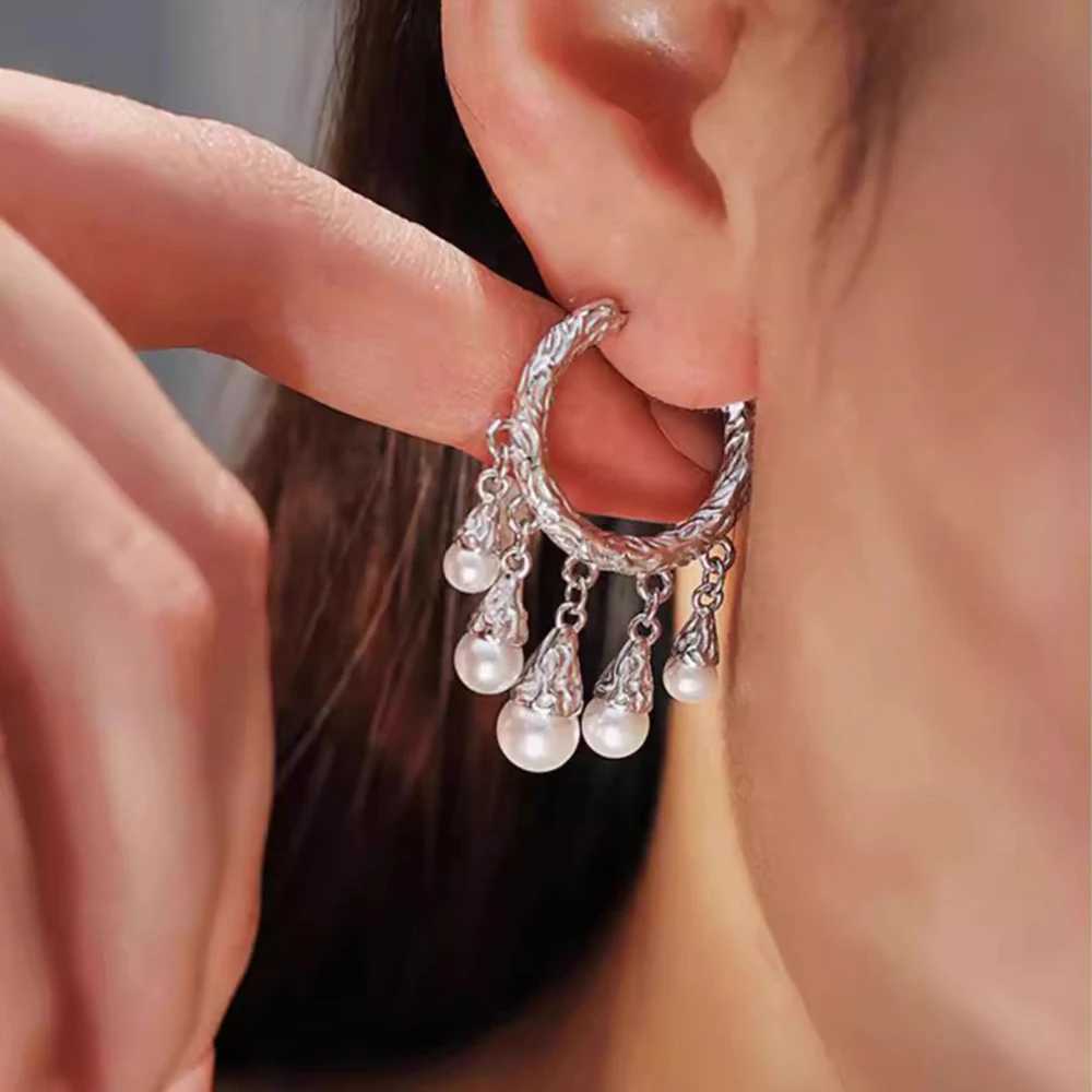 New 925 Sterling Silver Hoop Earrings Pearl Droplet Irregular Vintage Punk For Women Girl Gift Jewelry J251208