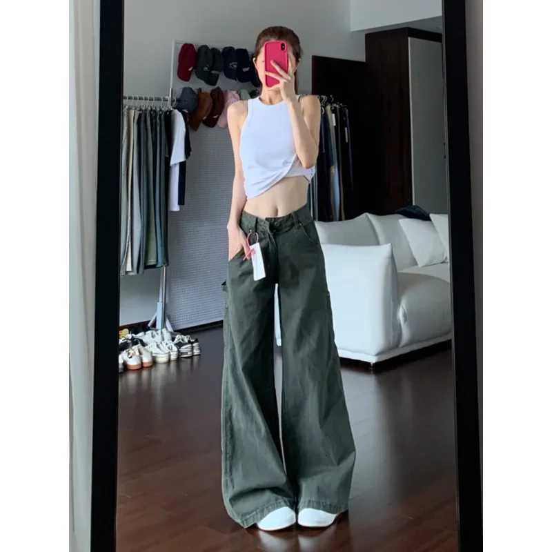 American Retro Army Green Cargo Jeans for Women 2025 Autumn Winter High Waist Slim Design Straight Wide Leg Floor Length PantsT251208