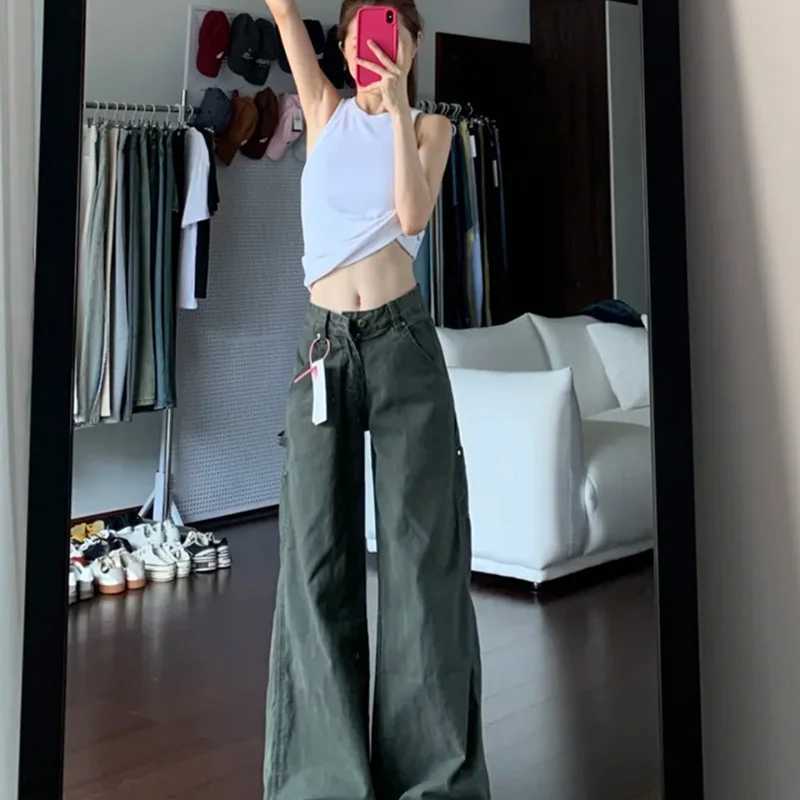 American Retro Army Green Cargo Jeans for Women 2025 Autumn Winter High Waist Slim Design Straight Wide Leg Floor Length PantsT251208