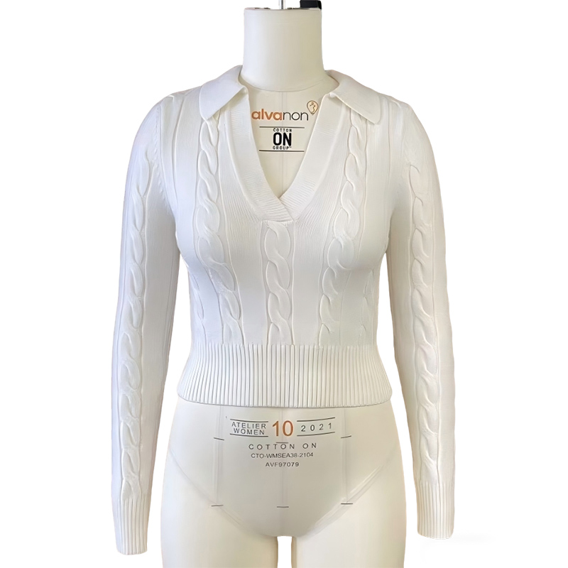 Women's Blouses Women's Cable Knit V-Neck Polo Collar Long Sleeve Crop Top - White Fitted Knit Sweater 8184965